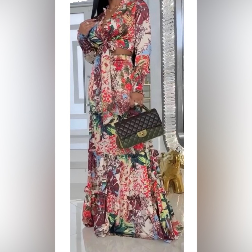 Floral Multi-Color Maxi Skirt with Tie Front Top New Without Tag